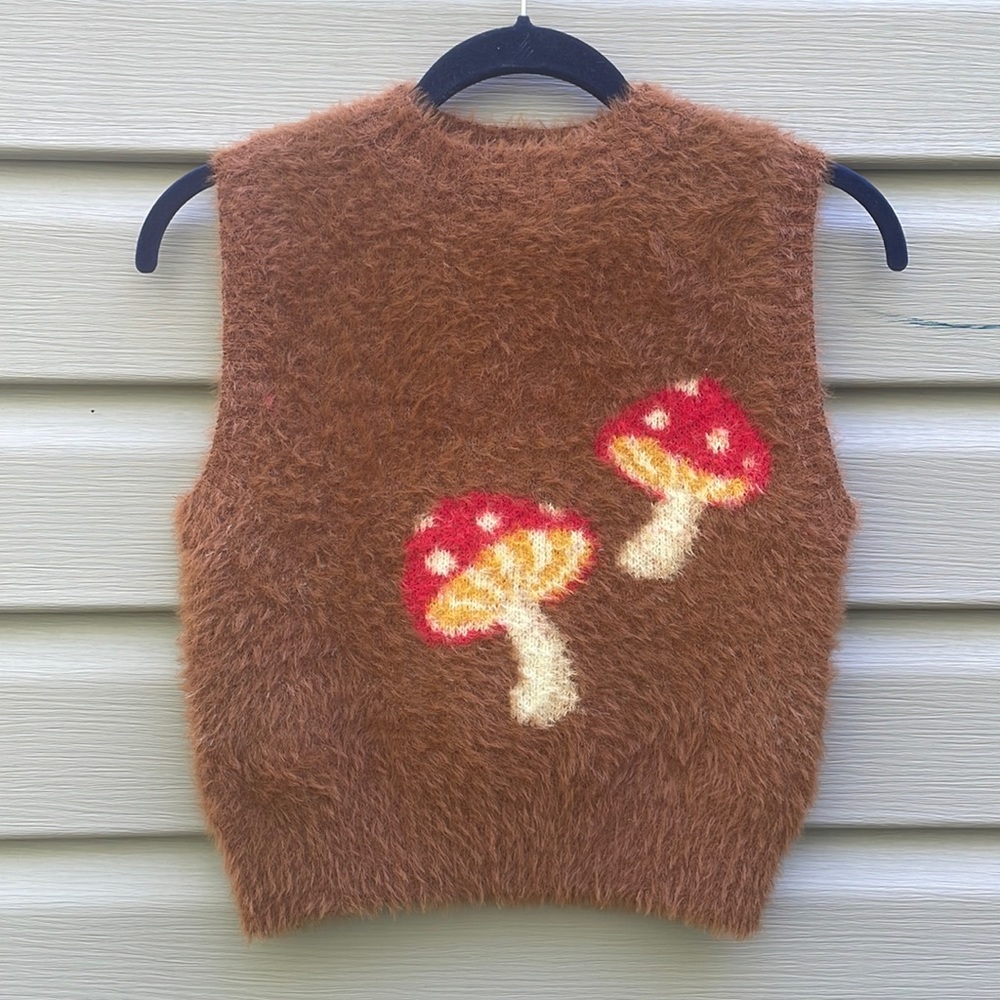 Fuzzy Mushroom Graphic Sweater Vest